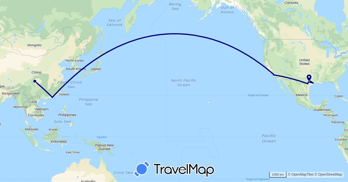 TravelMap itinerary: driving in China, United States (Asia, North America)